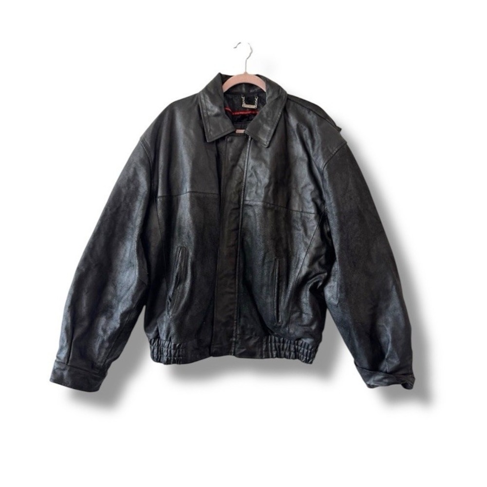 MODAL NY  Black Leather Jacket Men's L Bomber Biker Lined Full Zip Harley 1990s